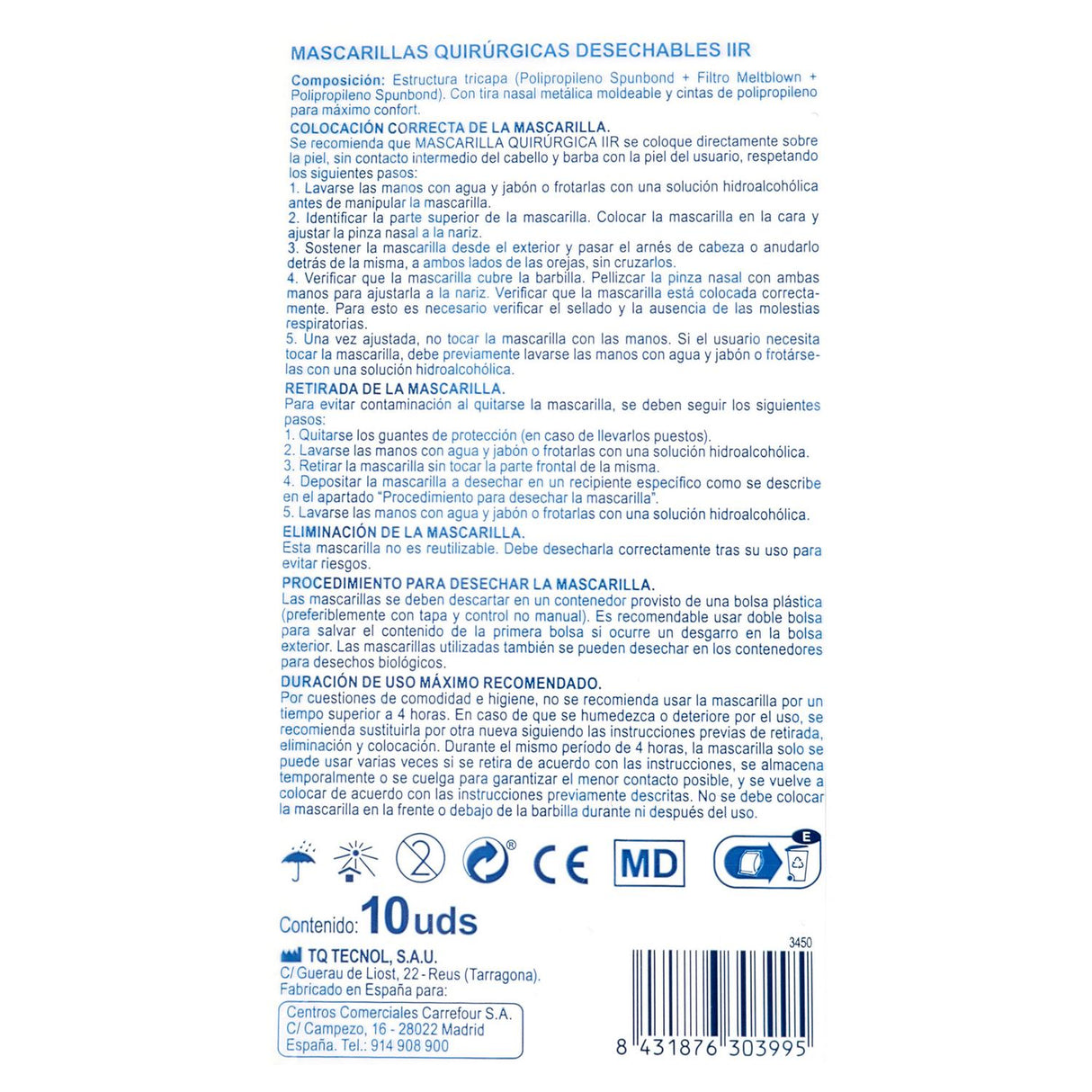 Disposable surgical mask type IIR black for adults Soft Carrefour pack of 10 units.